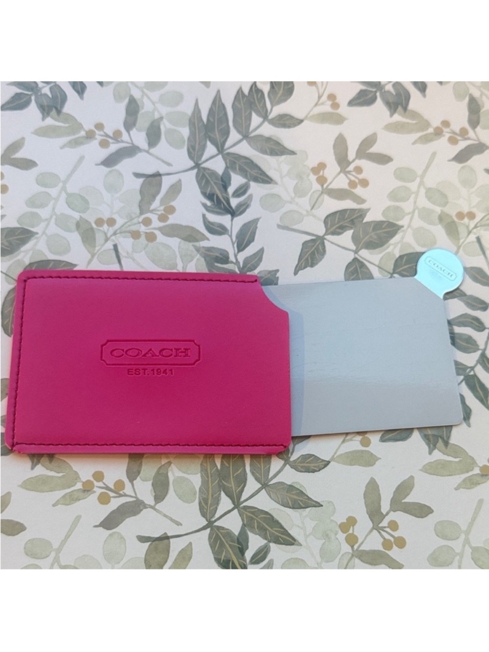 COACH Pink Leather Slide  mirror Holder with Pale Gray Inner Panel